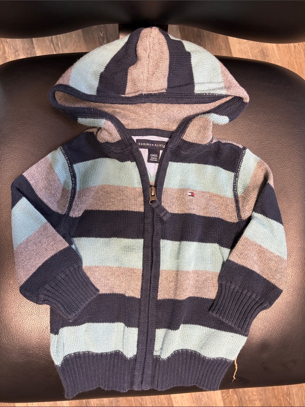 Tommy Hilfiger Navy, Light Blue & Gray Striped Hooded Zip Sweater